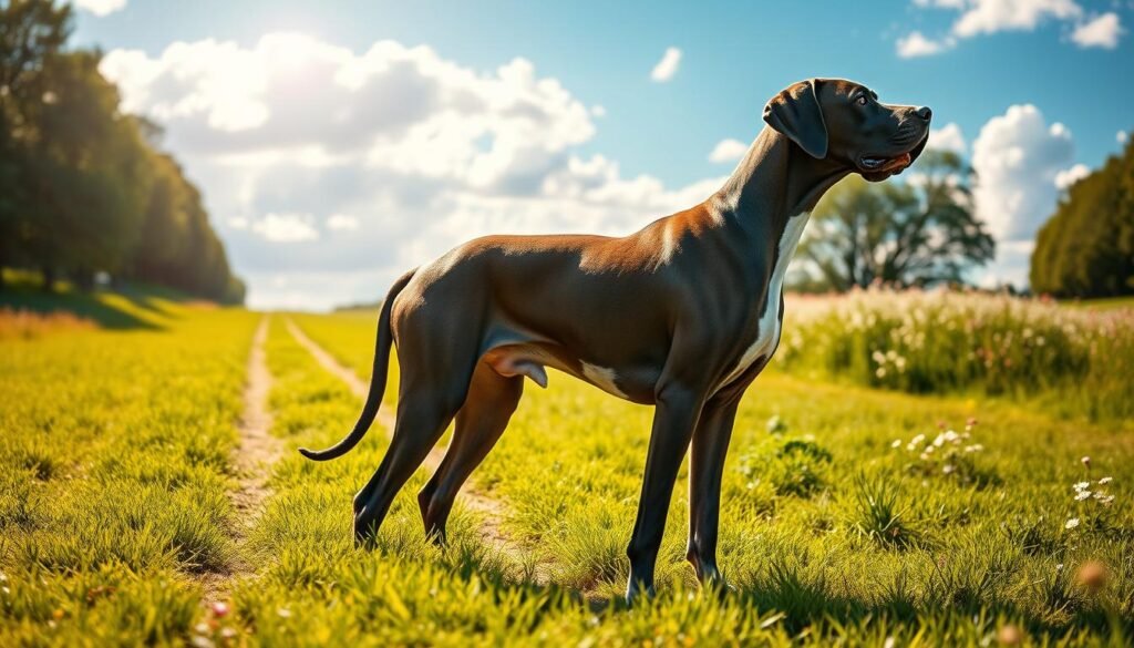 A majestic Great Dane standing on a vibrant, grassy field, showcasing its strong physique and healthy posture. In the foreground, the Great Dane is gazing thoughtfully towards the horizon, embodying vitality and elegance. The middle ground features a sun-drenched path lined with trees and wildflowers, symbolizing a journey of health and wellness. The background reveals a serene blue sky with fluffy white clouds, creating a peaceful atmosphere. Soft, warm lighting enhances the image, casting gentle shadows that emphasize the dog’s muscular build. The angle is slightly low, focusing on the dog’s impressive stature, evoking a sense of admiration and care for this beloved breed. The mood is uplifting, highlighting the importance of a healthy lifestyle for Great Danes.