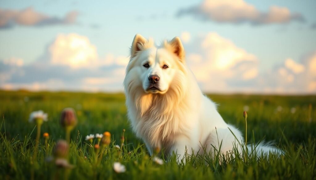 A majestic Great Pyrenees dog, showcasing its fluffy white coat and strong physique, sitting proudly in a lush green meadow. In the foreground, the dog gazes directly at the viewer, exuding a sense of health and vitality. The middle ground features a soft focus on the grass and wildflowers, adding depth but not distracting from the dog. In the background, a serene blue sky with gentle, fluffy clouds enhances the peaceful atmosphere. The lighting is warm and inviting, reminiscent of the golden hour, casting a soft glow on the dog’s fur. Capture the mood of tranquility and wellness, symbolizing the breed's overall health and care needs.