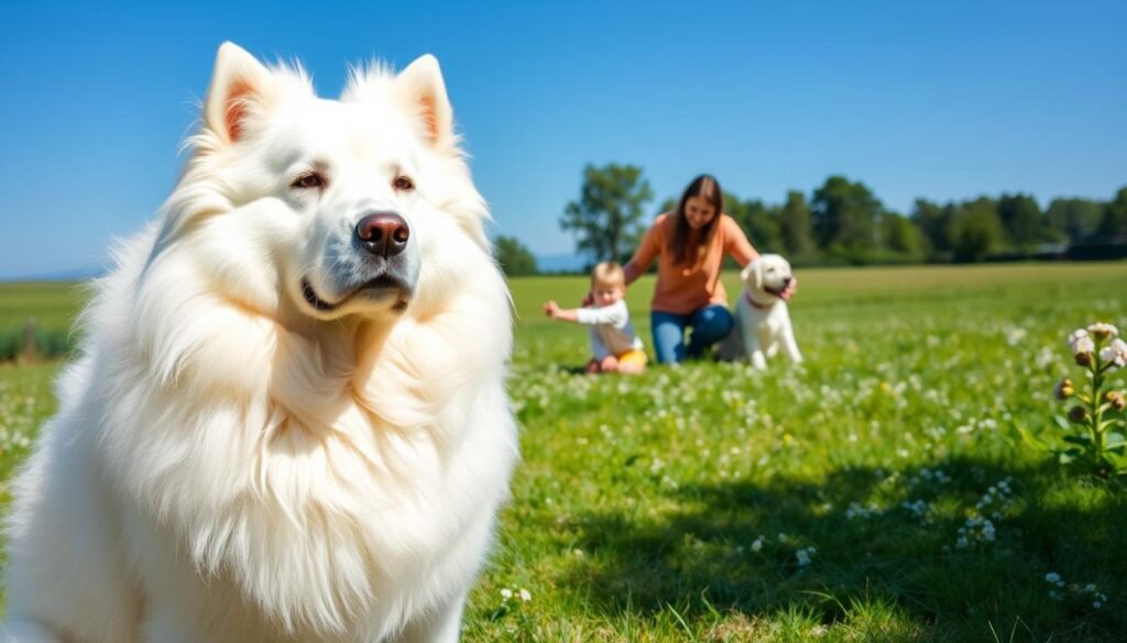 A majestic Great Pyrenees dog, sitting proudly in a serene outdoor setting, embodies the essence of a loyal companion and gentle giant. In the foreground, the fluffy white coat of the dog glistens in natural sunlight, showcasing its soft texture and noble stature. In the middle ground, a peaceful family enjoys the day—an adult and a child playing with the dog, dressed in casual, modest clothing, enhancing the warmth of companionship. The background features a lush green field dotted with wildflowers and a distant tree line under a clear blue sky. The lighting is bright and cheerful, casting soft shadows and creating an inviting atmosphere. The image conveys a sense of joy, loyalty, and the comforting presence of the Great Pyrenees in family life.