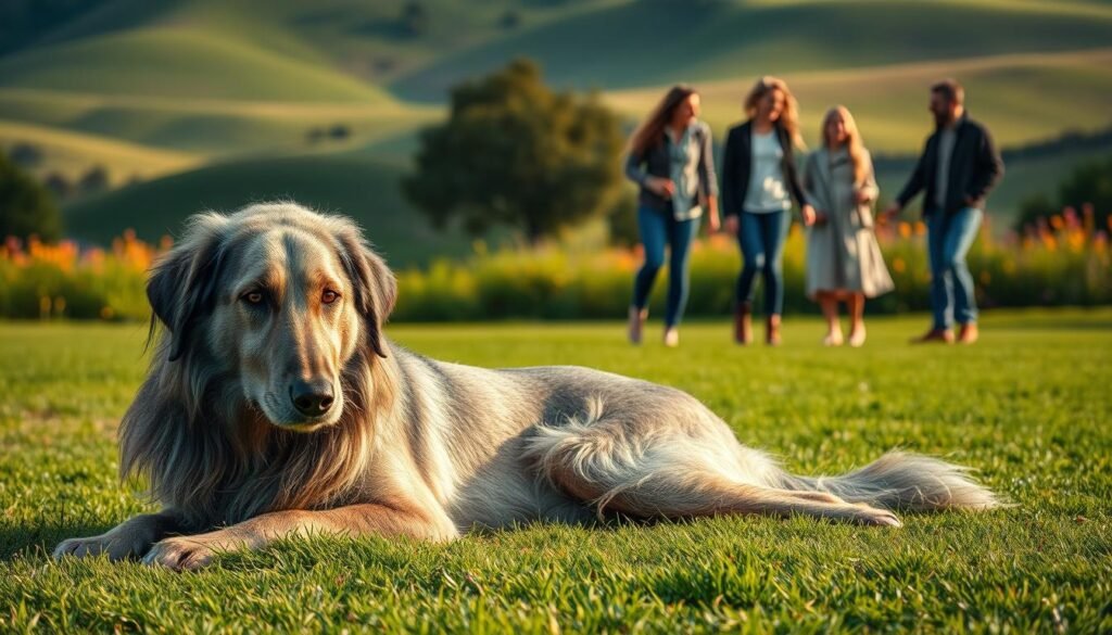 A majestic Irish Wolfhound lounges gracefully on a verdant green lawn, embodying its calm yet playful temperament. In the foreground, the dog’s sleek, shaggy coat glistens under soft, golden sunlight, showcasing shades of grey and brown. Its large, expressive eyes reflect intelligence and gentleness. In the middle ground, a serene family interacts nearby, casually playing fetch, their smiles radiating warmth, dressed in comfortable outdoor clothing. The background features a picturesque landscape of rolling hills and vibrant wildflowers, creating a tranquil atmosphere. The image captures the essence of loyalty and affection that Irish Wolfhounds are known for. Use natural, diffused lighting to enhance the inviting mood, and employ a shallow depth of field to ensure the focus remains on the dog and its loving interactions.