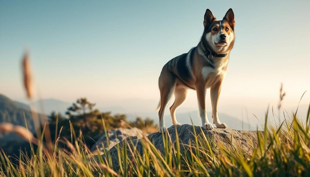 A majestic Japanese Kai Dog standing confidently atop a rocky outcrop, showcasing its distinctive coat with a mix of brindle and white patterns. The dog’s ears are perked up, and its eyes convey an alert yet calm demeanor, reflecting the breed's temperament. In the foreground, include tall grass with gentle movement from a soft breeze. The middle ground features a tranquil mountainous landscape under a clear blue sky, hinting at the breed's origins in the mountainous regions of Japan. The background should include distant trees and a hint of mist for depth. Use natural sunlight for warm, soft lighting that brings out the dog's vibrant fur colors. Capture this scene from a low angle to emphasize the dog's stature, creating a sense of pride and history. The mood is serene, celebrating the heritage of the Kai Dog.