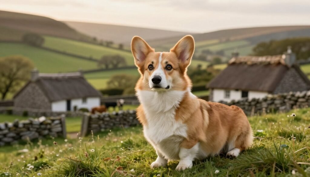 A picturesque scene illustrating the origins of the Cardigan Welsh Corgi. Foreground: A charming Cardigan Welsh Corgi sits majestically on a lush green hillside, showcasing its distinctive features, such as its long body and pointed ears, with a subtle glimmer in its intelligent eyes. Middle: Surrounding the corgi, there are elements reflecting its historical background β traditional Welsh cottages with thatched roofs and stone walls, along with hints of ancient forests where they may have herded cattle. Background: A soft, rolling landscape of the Welsh countryside, bathed in warm, golden hour light, creating a serene atmosphere. Technical details: Shot from a low angle to emphasize the corgi's stature, with a shallow depth of field to allow the background to softly blur, enhancing focus on the dog. Mood: A blend of nostalgia and warmth, evoking feelings of companionship and history. A picturesque scene illustrating the origins of the Cardigan Welsh Corgi. Foreground: A charming Cardigan Welsh Corgi sits majestically on a lush green hillside, showcasing its distinctive features, such as its long body and pointed ears, with a subtle glimmer in its intelligent eyes. Middle: Surrounding the corgi, there are elements reflecting its historical background β traditional Welsh cottages with thatched roofs and stone walls, along with hints of ancient forests where they may have herded cattle. Background: A soft, rolling landscape of the Welsh countryside, bathed in warm, golden hour light, creating a serene atmosphere. Technical details: Shot from a low angle to emphasize the corgi's stature, with a shallow depth of field to allow the background to softly blur, enhancing focus on the dog. Mood: A blend of nostalgia and warmth, evoking feelings of companionship and history.