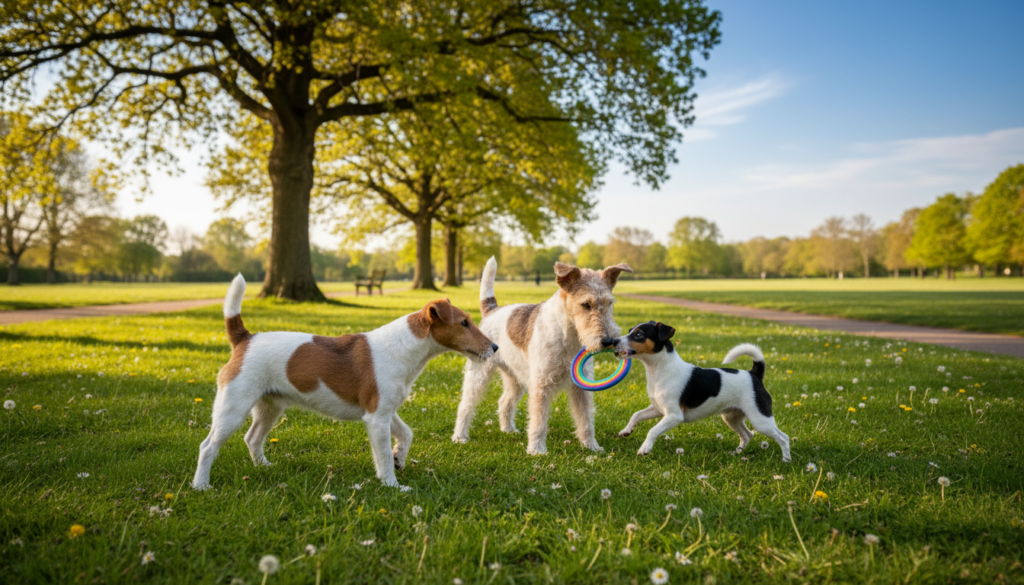 A picturesque scene showcasing the vibrant Types of Fox Terriers, featuring three distinct varieties: the Smooth Fox Terrier with its sleek coat and playful stance, the Wire Fox Terrier with its wiry fur and alert expression, and the Toy Fox Terrier, small and lively. In the foreground, the dogs are playfully interacting, showcasing their lively nature and friendly demeanor. The middle ground includes a grassy park with gentle sunlight filtering through tree leaves, creating a warm, inviting atmosphere. In the background, a clear blue sky enhances the cheerful mood. The lighting is soft and natural, reminiscent of a late afternoon, with a focus on capturing the texture of each dog's fur. The angle is slightly low to highlight their energy and spirit while ensuring a detailed view of their unique features.
