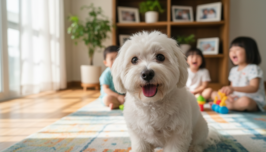 A playful Coton de Tulear sitting happily on a soft, colorful rug in a bright, cozy living room. The dog, with its fluffy white coat, big dark eyes, and a joyful expression, is surrounded by kids playing and laughing nearby, emphasizing its friendly nature. Sunlight streams in through a window, casting warm, soft shadows across the room, enhancing the inviting atmosphere. In the background, family photos and plants create a homely scene. The lens captures a close-up view to highlight the dog's adorable features, while the overall mood is cheerful and heartwarming, showcasing the Coton de Tulear as a beloved family pet. A playful Coton de Tulear sitting happily on a soft, colorful rug in a bright, cozy living room. The dog, with its fluffy white coat, big dark eyes, and a joyful expression, is surrounded by kids playing and laughing nearby, emphasizing its friendly nature. Sunlight streams in through a window, casting warm, soft shadows across the room, enhancing the inviting atmosphere. In the background, family photos and plants create a homely scene. The lens captures a close-up view to highlight the dog's adorable features, while the overall mood is cheerful and heartwarming, showcasing the Coton de Tulear as a beloved family pet.