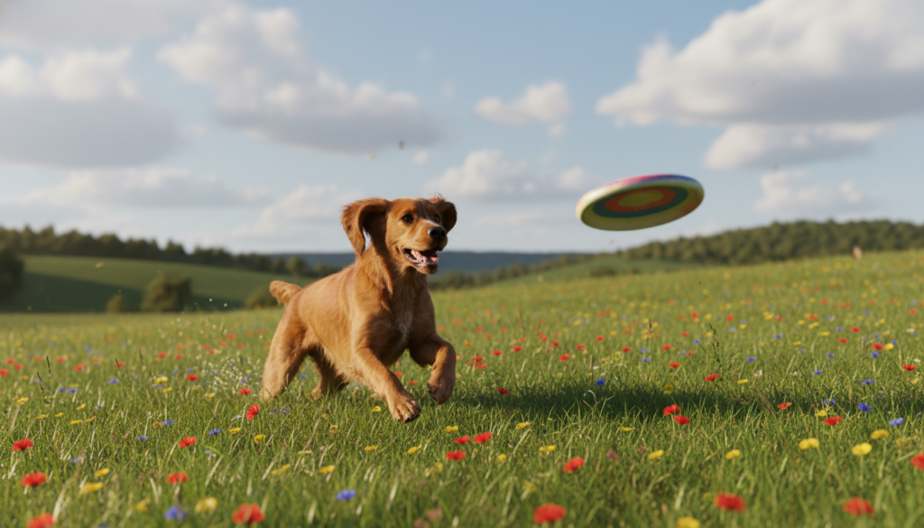 A playful Field Spaniel running through a sunlit meadow, its coat shimmering in golden hues. The dog displays energetic joy, paws mid-air, as it chases a colorful frisbee. Surrounding the spaniel, lush green grass and wildflowers bloom vibrantly, creating a vivid tapestry of colors. In the background, gently rolling hills and a clear blue sky dotted with fluffy white clouds add depth to the scene. Soft, warm lighting enhances the cheerful atmosphere, while a slight lens blur captures the motion of the dog, emphasizing its lively spirit. The overall mood is one of happiness and freedom, showcasing the spirited nature of Field Spaniels in outdoor play.