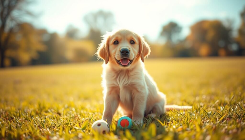 A playful Golden Retriever puppy sitting in a bright, sunlit grassy field. In the foreground, the puppy’s golden fur glistens in the warm sunlight, showcasing its friendly expression and soulful eyes. The middle ground features a few toys scattered around the puppy, highlighting its energetic and sociable nature. In the background, soft-focus trees and a blue sky emphasize the open space, creating a serene, inviting atmosphere. The lighting is warm and natural, capturing the essence of a perfect day outdoors. The angle is slightly low, emphasizing the puppy's size while making it appear even more endearing. Overall, the mood is joyful and uplifting, perfect for families and first-time dog owners considering this beloved breed.