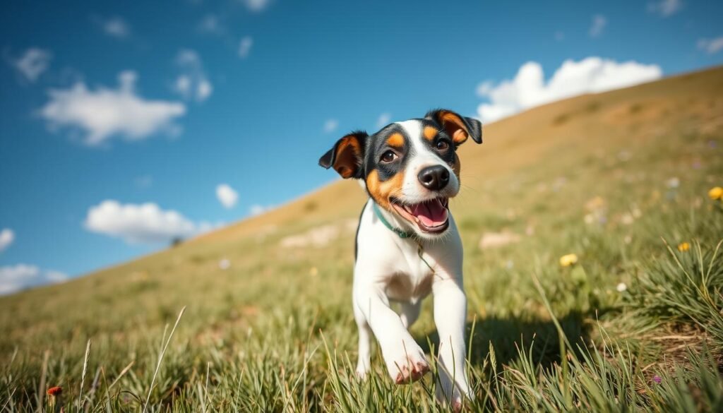 A playful Jack Russell Terrier in a grassy field, capturing the breed’s energetic nature and distinct appearance. The dog should be in the foreground, showcasing its signature short legs, white coat with black and brown patches, and expressive, alert eyes. In the middle ground, a gentle hill slopes down, dotted with wildflowers to add a vibrant touch of color. The background features a clear blue sky with fluffy white clouds, creating an uplifting atmosphere. Soft, natural sunlight bathes the scene, enhancing the warm and inviting mood. The angle is a slightly low perspective, emphasizing the dog's lively stance and playful demeanor, making it an engaging representation of this spirited breed and its origins.
