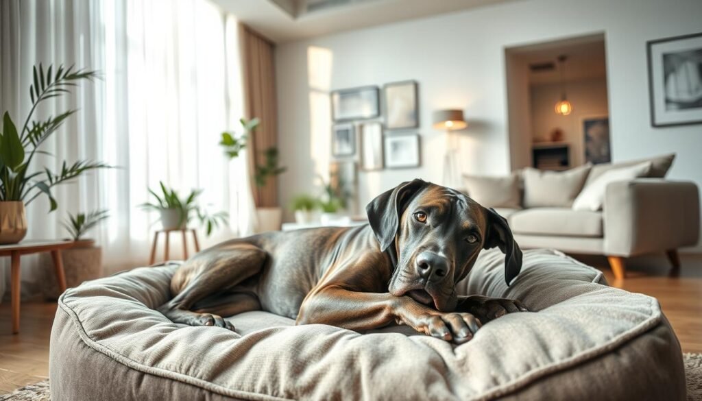 A relaxed Great Dane lying comfortably on a plush, oversized dog bed in a cozy apartment. The dog has a sleek, brindle coat with expressive eyes, showcasing its gentle personality. In the foreground, soft light filters through a large window adorned with sheer curtains, creating a warm and inviting atmosphere. The middle ground features a stylish modern living room with a plush sofa, coffee table, and indoor plants, enhancing the sense of home. The background shows a well-decorated space, with artwork on the walls and a hint of bookshelves. Capture the tranquility and warmth of apartment living, emphasizing how a Great Dane can thrive in such an environment. The angle should be slightly overhead, capturing both the dog and its surroundings in a harmonious composition.