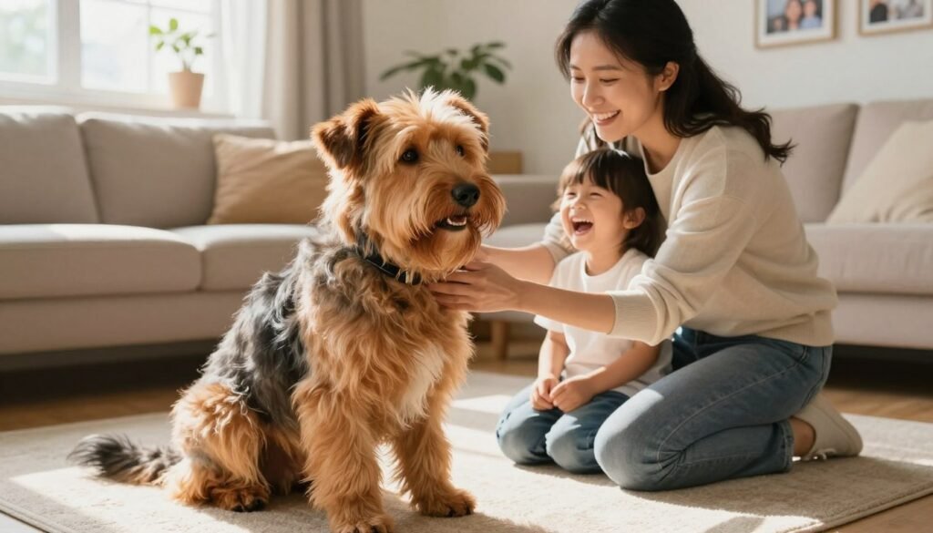 A serene and heartwarming scene showcasing a Briard dog interacting with a family in a cozy living room. In the foreground, a fluffy Briard with its signature long, shaggy coat sits contentedly next to a laughing young child, symbolizing gentleness and warmth. In the middle ground, a caring parent kneels to pet the dog, emphasizing the breed's protective nature. The background features a well-lit, inviting living space with soft furniture and family photos, creating a homely atmosphere. Natural light filters through a window, casting gentle shadows and highlighting the dog's expressive eyes. The overall mood is joyful and affectionate, reflecting the temperament and personality traits ideal for family companionship. A serene and heartwarming scene showcasing a Briard dog interacting with a family in a cozy living room. In the foreground, a fluffy Briard with its signature long, shaggy coat sits contentedly next to a laughing young child, symbolizing gentleness and warmth. In the middle ground, a caring parent kneels to pet the dog, emphasizing the breed's protective nature. The background features a well-lit, inviting living space with soft furniture and family photos, creating a homely atmosphere. Natural light filters through a window, casting gentle shadows and highlighting the dog's expressive eyes. The overall mood is joyful and affectionate, reflecting the temperament and personality traits ideal for family companionship.