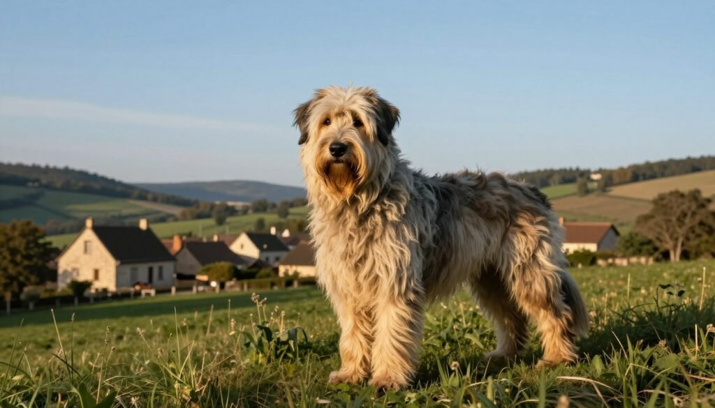 A serene historical landscape showcasing the origins of the Briard dog, featuring a lush countryside in the foreground with a majestic Briard standing proudly and alert. The Briardβs distinct long shaggy coat is beautifully illuminated by soft, golden sunlight. In the middle ground, a picturesque French village with rustic farmhouses and rolling hills can be seen, reflecting the breed's heritage. The background features a clear blue sky and distant mountains, creating a tranquil atmosphere. The scene conveys a sense of loyalty and protection, highlighting the breed's gentle nature. Use a warm color palette to evoke nostalgia, with a slightly blurred vignette to emphasize the Briard. The image should be captured from a low angle to give prominence to the dog, enhancing its noble stature. A serene historical landscape showcasing the origins of the Briard dog, featuring a lush countryside in the foreground with a majestic Briard standing proudly and alert. The Briardβs distinct long shaggy coat is beautifully illuminated by soft, golden sunlight. In the middle ground, a picturesque French village with rustic farmhouses and rolling hills can be seen, reflecting the breed's heritage. The background features a clear blue sky and distant mountains, creating a tranquil atmosphere. The scene conveys a sense of loyalty and protection, highlighting the breed's gentle nature. Use a warm color palette to evoke nostalgia, with a slightly blurred vignette to emphasize the Briard. The image should be captured from a low angle to give prominence to the dog, enhancing its noble stature.