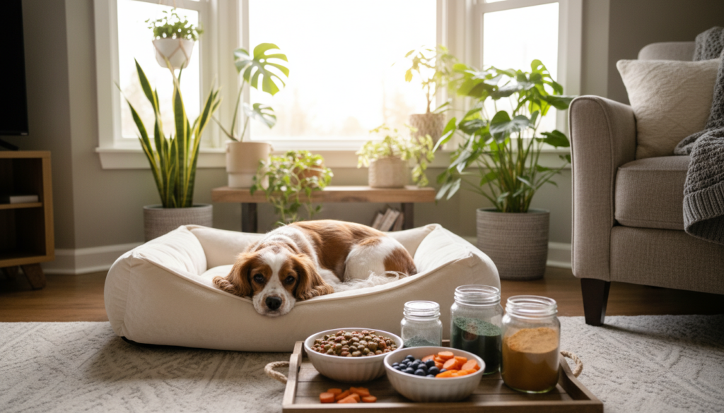 A serene living room setting showcasing an English Toy Spaniel lying comfortably on a soft, plush dog bed. In the foreground, the spaniel has a glossy coat with rich red and white markings, embodying health and vitality, with a gentle expression highlighting its affectionate nature. In the middle ground, an array of healthy dog food and natural supplements are artfully arranged, emphasizing the theme of wellness. The background features warm, natural lighting streaming in through a window, creating a cozy atmosphere filled with houseplants that symbolize a nurturing environment. The camera angle is slightly elevated, capturing both the spaniel’s endearing presence and the wellness elements around it, evoking a feeling of love and care for this cherished breed.