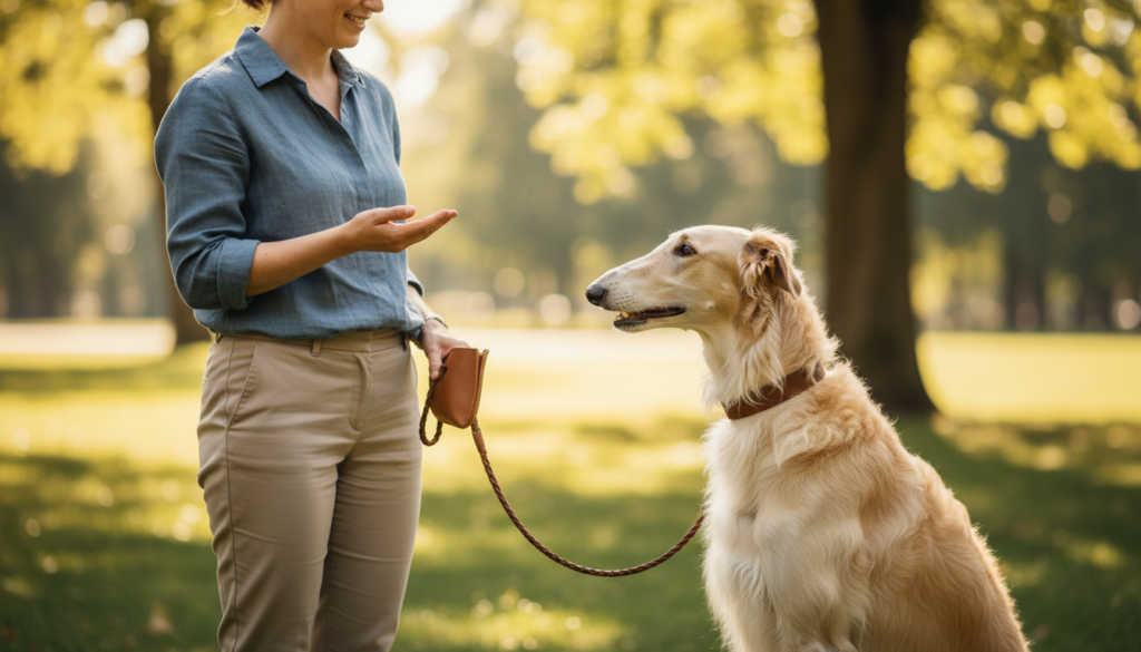 A serene outdoor training session featuring a Borzoi dog showcasing good obedience. Foreground: A graceful Borzoi sitting attentively next to its trainer, a person dressed in a smart, modest casual outfit. The dog has a shiny, flowing coat, emphasizing its elegance, while the trainer’s gentle expression conveys patience and guidance. Middle: The interaction between the trainer and dog is highlighted, possibly capturing a moment of teaching commands, with the Borzoi looking focused and eager to learn. Background: Soft greenery of a park setting, with sunlight filtering through the trees, creating a warm, inviting atmosphere. Lighting: Soft, natural light, highlighting the glossy coat of the Borzoi, with a slight bokeh effect for depth of field. The overall mood is one of harmony and dedication in the training process, showcasing the bond between the Borzoi and its trainer.