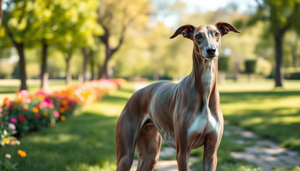 A serene portrait of a healthy Greyhound dog in a lush green park setting, showcasing its sleek, muscular build and glossy short coat. In the foreground, the Greyhound stands gracefully with its head held high, symbolizing vitality and strength. The middle ground features a well-maintained pathway lined with vibrant flowers, emphasizing the active lifestyle ideal for this breed. The background showcases softly blurred trees and blue skies, creating a tranquil atmosphere. Natural sunlight filters through the leaves, casting warm, gentle highlights on the dog's fur, accentuating its health and vitality. The image captures a sense of wellbeing and joy, inviting viewers to consider the breed's health and lifespan in a positive light, with a focus on the joy of companionship with a Greyhound.