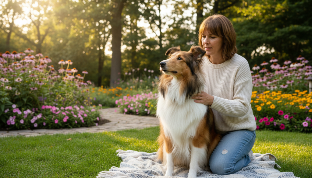 A serene scene depicting a Collie dog receiving gentle care from a caring owner in a peaceful garden. In the foreground, the owner, dressed in a light sweater and jeans, kneels beside the Collie, who has a glossy coat and bright, expressive eyes, showing trust and companionship. The middle ground includes vibrant green grass, colorful flowers, and a soft blanket laid out for the dog. In the background, tall trees filter warm afternoon sunlight, creating a calming aura. The angle captures both the Collie and the owner in a close-up view, emphasizing their bond. The mood is nurturing and tranquil, highlighting the importance of health and longevity in a Collie’s life. A serene scene depicting a Collie dog receiving gentle care from a caring owner in a peaceful garden. In the foreground, the owner, dressed in a light sweater and jeans, kneels beside the Collie, who has a glossy coat and bright, expressive eyes, showing trust and companionship. The middle ground includes vibrant green grass, colorful flowers, and a soft blanket laid out for the dog. In the background, tall trees filter warm afternoon sunlight, creating a calming aura. The angle captures both the Collie and the owner in a close-up view, emphasizing their bond. The mood is nurturing and tranquil, highlighting the importance of health and longevity in a Collie’s life.