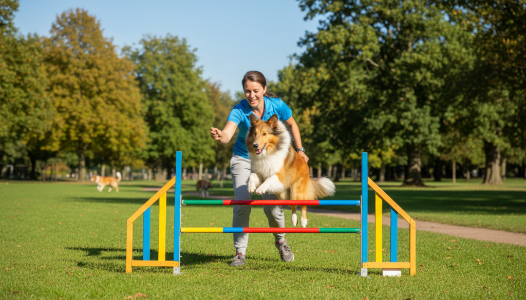 A spirited Collie dog engaged in an outdoor training session, showcasing its intelligence and agility. In the foreground, the Collie leaps over a colorful agility hurdle, its coat glistening in the sunlight with rich shades of sable and white. The middle ground features a trainer, a person dressed in casual athletic wear, encouraging the dog with an enthusiastic posture and a smile, holding a treat for motivation. In the background, a lush green park with vibrant trees and a clear blue sky sets a tranquil yet active atmosphere, highlighting the importance of exercise for the breed. Soft, natural lighting enhances the scene, capturing the joy of companionship and the bond formed through training. The composition focuses on the dynamic interaction between the Collie and its trainer, emphasizing the fun and energy of exercise. A spirited Collie dog engaged in an outdoor training session, showcasing its intelligence and agility. In the foreground, the Collie leaps over a colorful agility hurdle, its coat glistening in the sunlight with rich shades of sable and white. The middle ground features a trainer, a person dressed in casual athletic wear, encouraging the dog with an enthusiastic posture and a smile, holding a treat for motivation. In the background, a lush green park with vibrant trees and a clear blue sky sets a tranquil yet active atmosphere, highlighting the importance of exercise for the breed. Soft, natural lighting enhances the scene, capturing the joy of companionship and the bond formed through training. The composition focuses on the dynamic interaction between the Collie and its trainer, emphasizing the fun and energy of exercise.