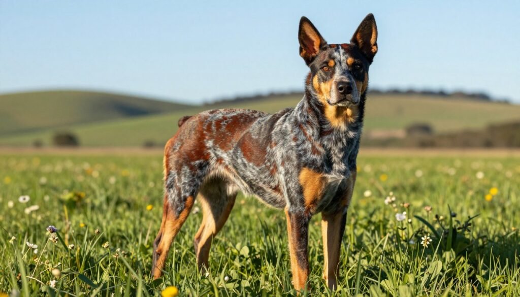 A striking Australian Cattle Dog stands proudly in the foreground, showcasing its distinctive physical traits. The dog is medium-sized, with a sturdy build, muscular legs, and a coat featuring a unique blue or red speckled pattern. Its expressive ears are erect and alert, highlighting its intelligent nature. In the middle ground, a lush green pasture stretches across, dotted with scattered wildflowers, evoking a sense of rural bliss. The background features a softly blurred horizon, with gently rolling hills under a bright blue sky. The sunlight casts warm, golden tones, creating an inviting and vibrant atmosphere. The image is captured from a low angle, emphasizing the dog's powerful stance while maintaining focus on its alert expression. Perfect for showcasing the physical characteristics of this versatile herding companion.