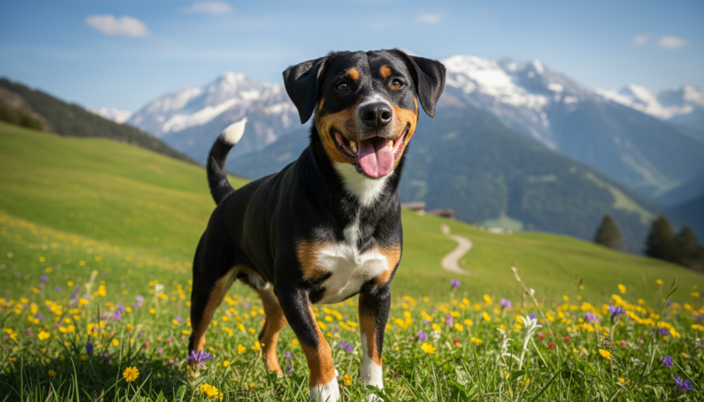 A striking portrait of an Entlebucher Mountain Dog, showcasing its distinctive black and tan coat with white markings. The dog should be in a playful stance in the foreground, highlighting its muscular build and expressive eyes. In the middle, include elements of a serene Swiss landscape, such as rolling green hills and scattered wildflowers, to reflect the breed's herding background. The background features distant snow-capped mountains under a clear blue sky to create a sense of Swiss heritage. Use soft, natural lighting to emphasize the dog's features and add a warm, inviting atmosphere. Capture the image from a dynamic angle, slightly low to the ground, to emphasize the dog's stature and energy.