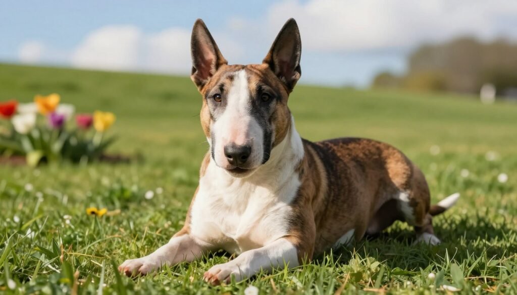 A vibrant Bull Terrier lies gracefully in a lush green park, showcasing its distinctive muscular build and unique egg-shaped head. In the foreground, the dog gazes playfully with its expressive, bright eyes and a short, smooth coat that displays a mix of white and brindle patterns. The middle ground features a few colorful flowers and gently rolling grass, enhancing the lively atmosphere of the scene. In the background, one can see soft blue skies with fluffy clouds, suggesting a serene afternoon. The image is brightly lit by warm, natural sunlight, creating soft shadows and highlights that emphasize the dog’s strong physique. Shot from a low angle to capture the Bull Terrier's dynamic pose, the mood is cheerful and energetic, reflecting the breed's playful spirit.