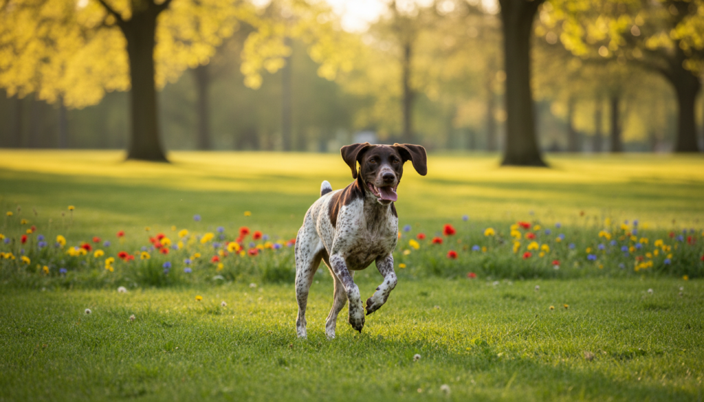 A vibrant German Shorthaired Pointer, energetically running through a sunlit park, showcasing its sleek, short coat with a combination of liver and white patches. In the foreground, the dog is captured mid-action, its ears flapping and tail wagging, emphasizing its lively spirit. In the middle ground, lush green grass and a scattering of colorful flowers add to the scene's freshness. The background features a blurred view of tall trees, creating depth and a serene atmosphere. The lighting is warm and golden, reminiscent of a late afternoon, casting gentle shadows. The angle is slightly low, making the dog appear dynamic and larger than life, evoking a sense of joy and vitality.