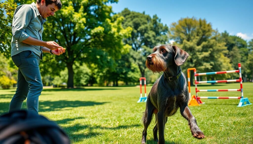 A vibrant outdoor scene featuring a German Wirehaired Pointer in a lush green park setting, actively engaged in training exercises. In the foreground, the dog is focused on a professional-looking trainer, dressed in casual yet neat outdoor attire, demonstrating commands using treats. The middle ground showcases colorful agility equipment, such as cones and hurdles, suggesting an interactive training environment. The background includes lush trees and a clear blue sky, creating a cheerful and inviting atmosphere. The sunlight filters through the leaves, casting gentle shadows, while the angle captures a dynamic perspective of the training session. The overall mood is energetic and positive, emphasizing the importance of training and social behavior for the breed.