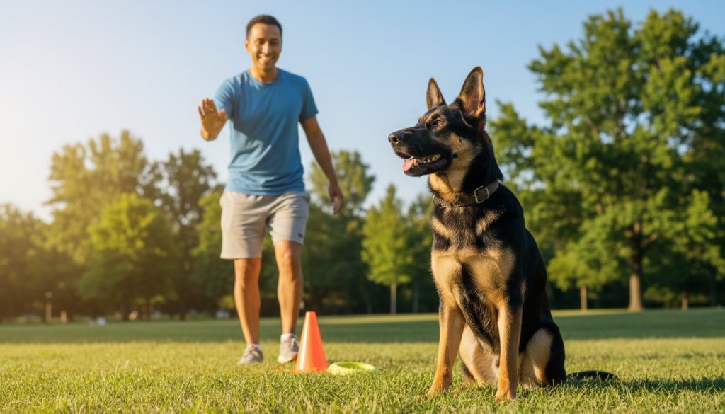 A vibrant outdoor scene showcasing a German Shepherd dog intently focused on training with its owner. In the foreground, the German Shepherd, with a glossy coat of black and tan, is in a sit command, ears perked up, showcasing its intelligence and eagerness to learn. The owner, a smiling individual in casual athletic wear, is positioned mid-action, gesturing with an encouraging hand signal. In the middle ground, training equipment is subtly placed, such as cones and a frisbee, emphasizing the training environment. The background features a sunny park setting with green trees and a clear blue sky, creating an uplifting atmosphere. Soft, natural lighting enhances the image, giving it a warm and inviting feel, as if capturing a joyful moment in a dog-training session. The angle is slightly low, adding emphasis to the dog’s expression and the bond between owner and pet.