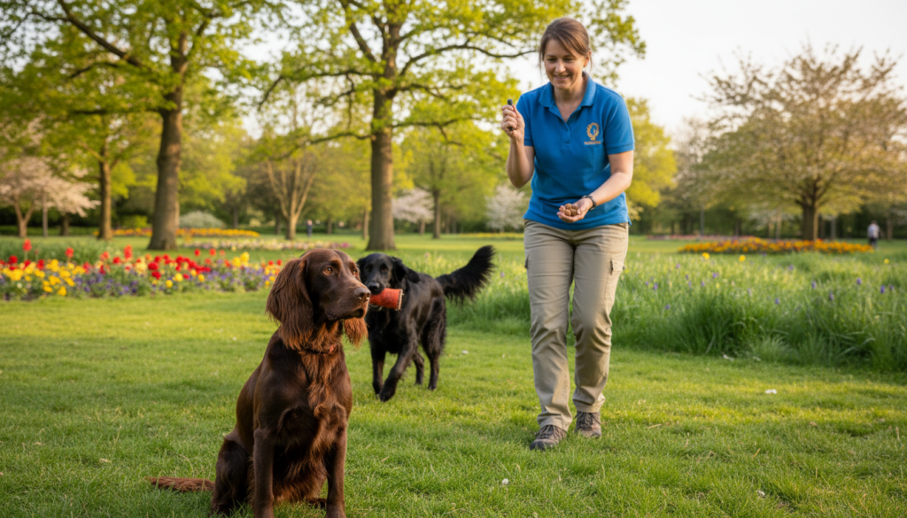 A vibrant outdoor training scene featuring a Flat-Coated Retriever and a Field Spaniel. In the foreground, the Field Spaniel, with its shiny, dark liver coat, sits attentively, looking toward its trainer with a focused demeanor. In the middle ground, the trainer, dressed in casual yet professional attire, holds a training clicker and treats, demonstrating a positive reinforcement technique. The background features a lush green park with blooming flowers and trees, bathed in warm, golden sunlight that creates a cheerful atmosphere. The angle captures the connection between the dog and trainer, emphasizing engagement and learning. The overall mood is energetic and encouraging, reflecting the joy of training and companionship.