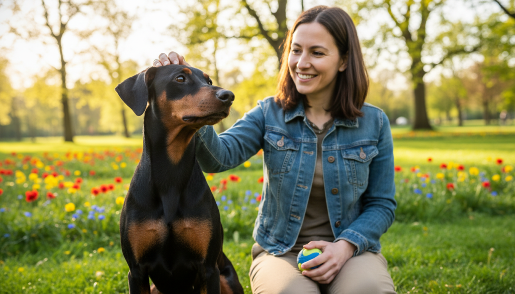 A vibrant scene featuring a poised German Pinscher in the foreground, showcasing its confident stance and alert expression. The dog has a sleek, muscular build, with a glossy black and rust coat that gleams under warm, natural light. In the middle ground, a friendly human in casual attire interacts playfully with the German Pinscher, emphasizing their strong bond and energetic temperament. The background depicts a sunny park setting with lush green grass and colorful flowers, contributing to a cheerful atmosphere. The overall mood is lively and affectionate, capturing the loyal yet spirited nature of the German Pinscher. The composition should have a slight low-angle perspective to enhance the dog's stature while maintaining focus on both the dog and its companion.