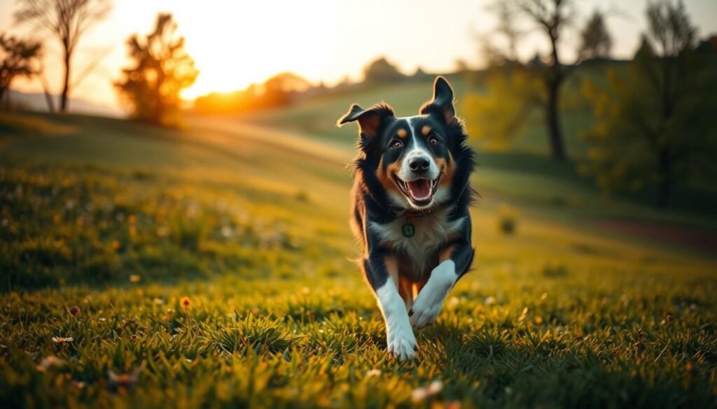 A vibrant scene of a Greater Swiss Mountain Dog energetically exercising outdoors in a lush green park. In the foreground, the dog, with its striking black, white, and tan coat, is playfully running towards the viewer, showcasing its muscular build and joyful demeanor. The middle ground features a gentle slope dotted with wildflowers and a few trees to create depth. In the background, the sun is setting, casting a warm golden light across the landscape, enhancing the atmosphere of vitality and freedom. Capture the scene from a low angle to emphasize the dog's movement and expression, while the soft focus on the background adds an inviting, serene ambiance.