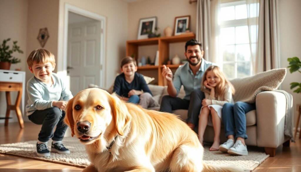 A warm and inviting living room filled with natural light, showcasing a family of four enjoying quality time with their gentle Golden Retriever. In the foreground, the Golden Retriever is playfully interacting with two cheerful children, one boy and one girl, both wearing casual, modest clothing. The middle section features their smiling parents seated on a comfortable sofa, radiating a sense of harmony and love. The background reveals soft pastel walls adorned with family photos and a cozy rug, enhancing the homey atmosphere. The sunlight streams through a large window, casting a soft glow and creating a cheerful, sunny mood that reflects a perfect family compatibility with their furry friend.