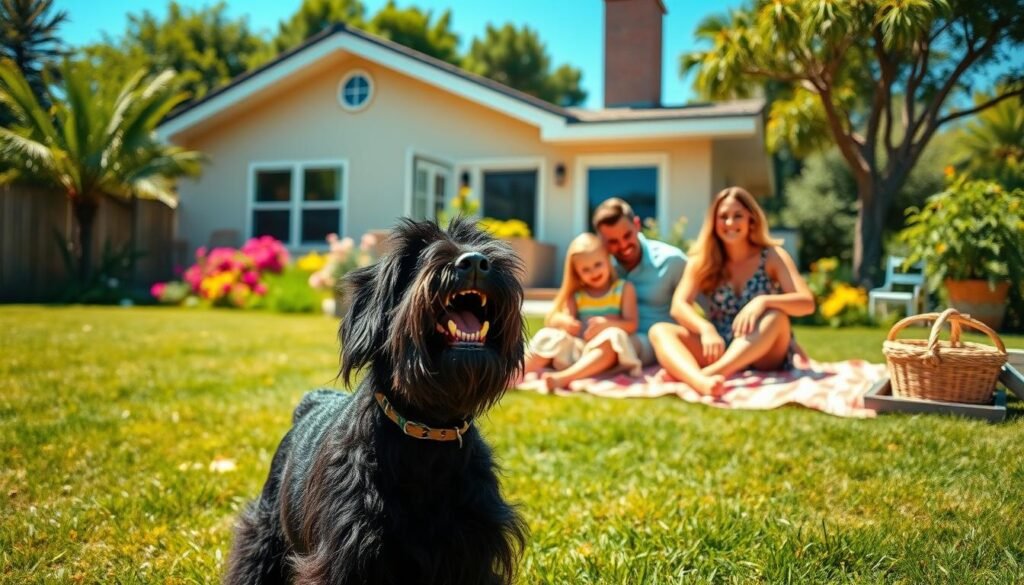 A warm, inviting scene capturing a Giant Schnauzer interacting with a family in a sunny, grassy backyard. In the foreground, a playful Giant Schnauzer with a shaggy black coat eagerly engages with two children: a boy and a girl, both wearing modest, colorful summer outfits, laughing as they toss a ball. The middle ground showcases the parents, a man and a woman in casual attire, smiling, sitting on a picnic blanket, watching the joyful interaction. The background features a cozy family home with flowering plants and trees under a bright blue sky. Soft, natural lighting enhances the cheerful atmosphere, with a slight tilt angle to emphasize the warmth and joy of family bonding.