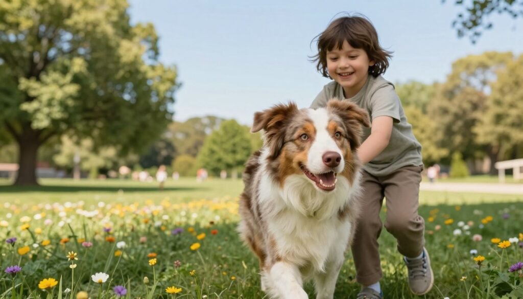 A warm, inviting scene featuring a playful Australian Shepherd, showcasing its friendly temperament. In the foreground, the dog is engaged in a joyful playtime activity with a young child, both smiling brightly. The child is wearing modest, casual clothing, embodying a wholesome companionship. In the middle ground, a grassy park can be seen, filled with vibrant wildflowers and soft sunlight filtering through the trees, creating a serene atmosphere. The background includes a clear blue sky, enhancing the bright, cheerful mood of the scene. The angle captures a slightly elevated view, emphasizing the bond between the dog and the child. The image should convey warmth, joy, and the spirit of friendship, with natural, soft lighting illuminating their features.