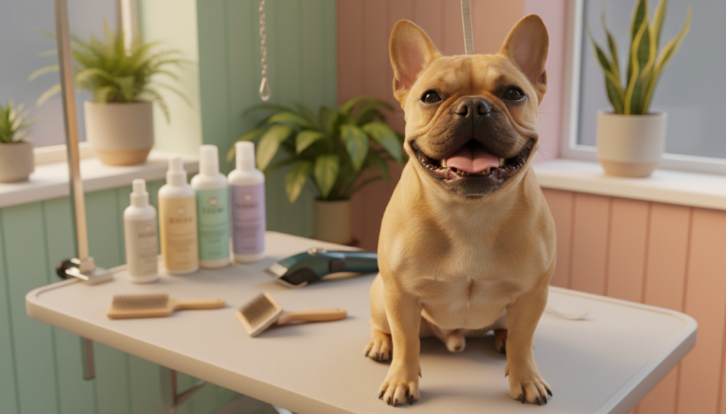 A well-groomed French Bulldog sits in the foreground, showcasing its shiny coat and neatly trimmed nails. The dog is happily posed with a smile, exuding charm. In the middle ground, grooming tools such as a brush, dog shampoo bottles, and clippers are organized on a clean grooming table, providing context. In the background, a softly lit interior of a cozy grooming space is visible, with pastel-colored walls and potted plants enhancing the atmosphere. The lighting is warm and inviting, emanating a sense of care and comfort. The angle is slightly elevated, capturing both the dog and the grooming setup harmoniously. The overall mood is cheerful and nurturing, celebrating the bond between pet and owner during grooming and maintenance routines.
