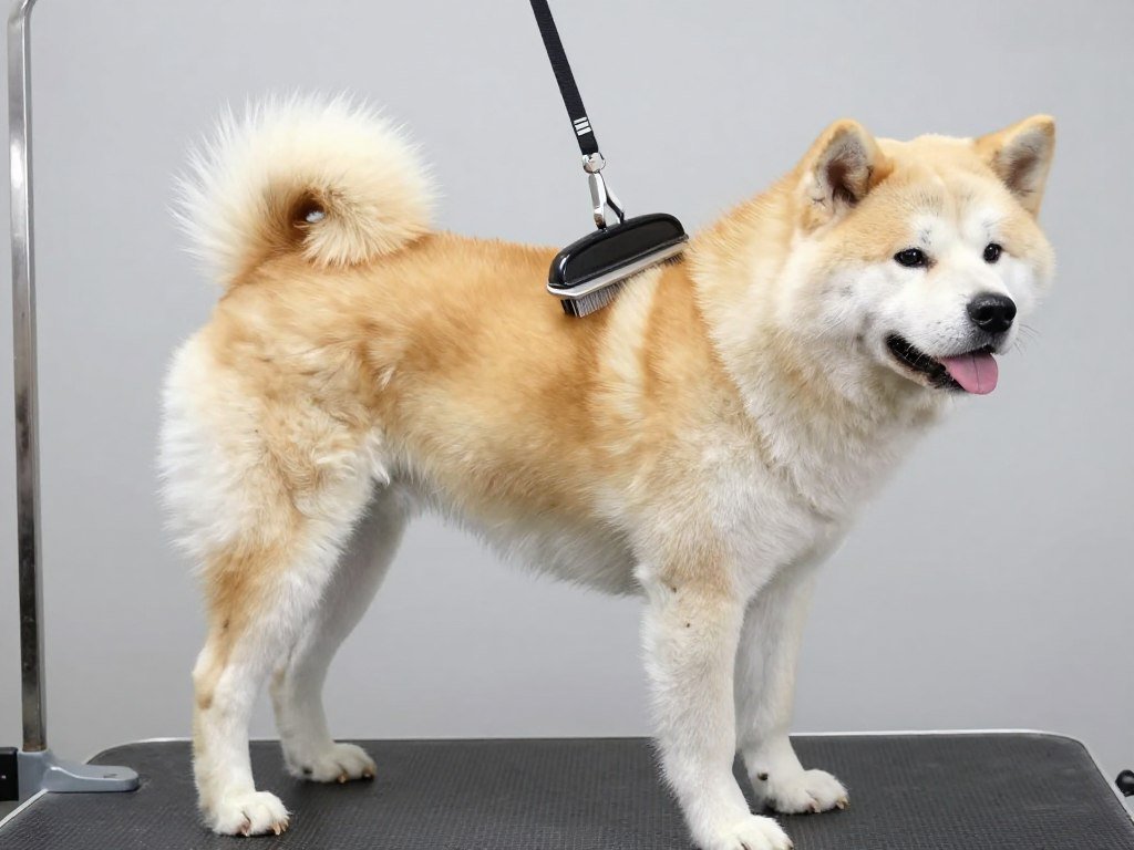 Akita dog being groomed showing coat care