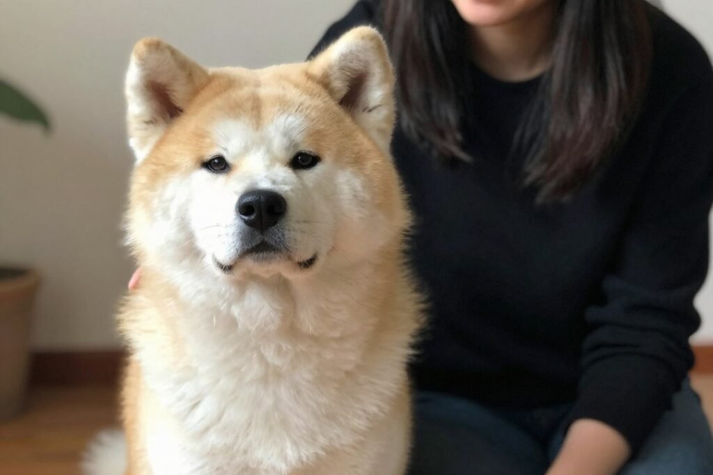 Akita dog displaying calm, dignified temperament with family
