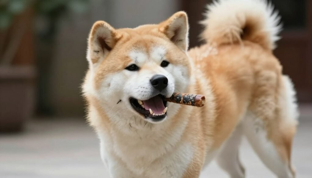 Akita dog displaying characteristic mouth play behavior