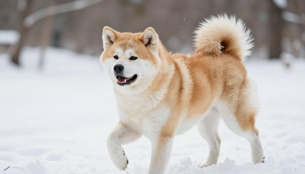 Akita dog enjoying winter weather and snow