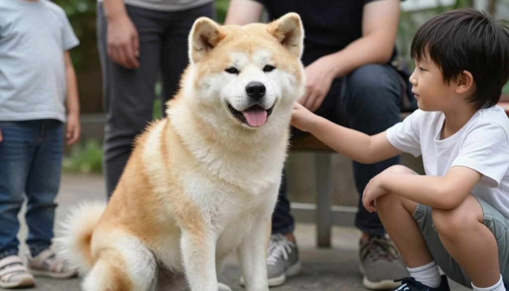 Akita dog interacting gently with family children