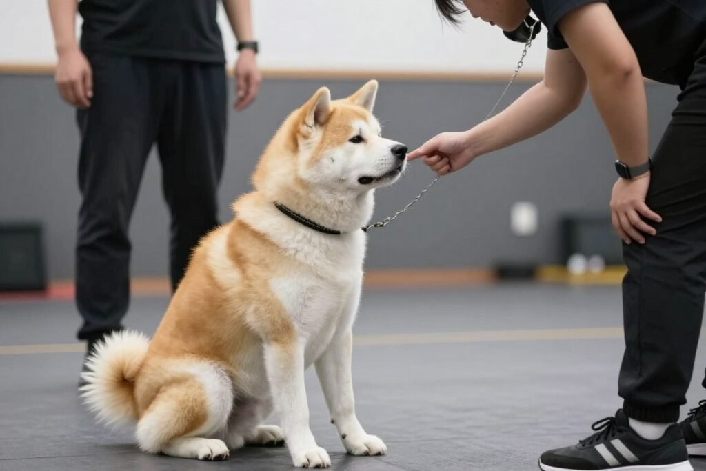 Akita dog participating in training session with owner