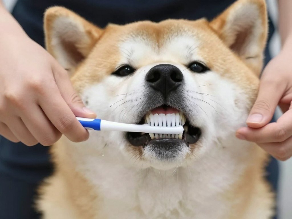 Akita dog receiving dental care and tooth brushing