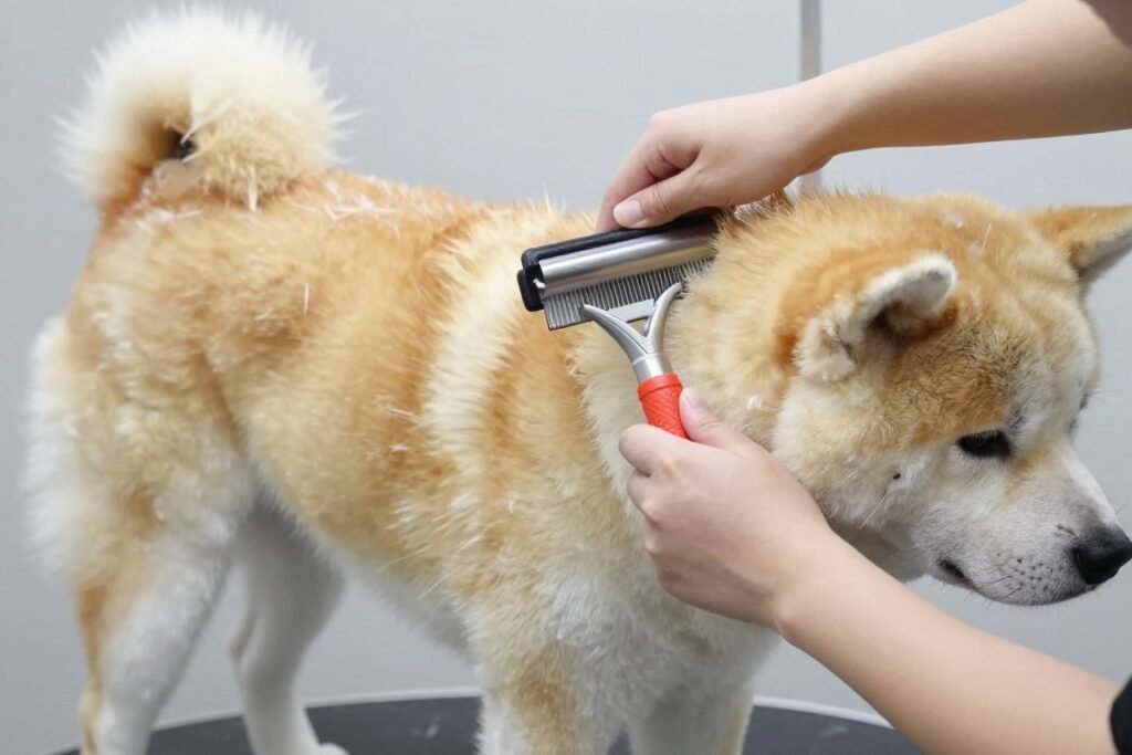 Akita dog receiving grooming care and brushing