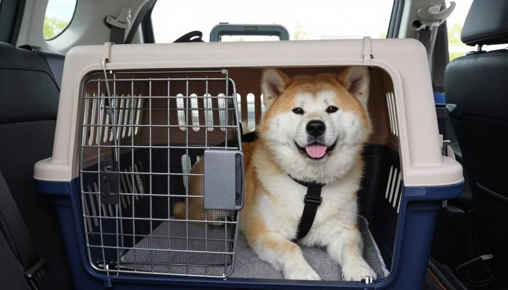 Akita dog safely secured in vehicle for travel