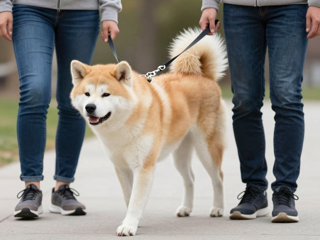 Akita dog walking calmly on leash beside owner