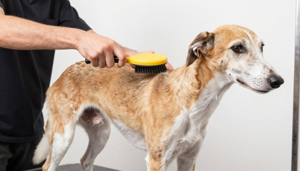 American Foxhound being groomed showing coat care routine