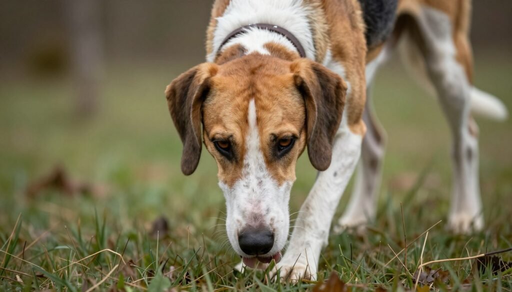 American Foxhound demonstrating scent tracking behavior in natural environment
