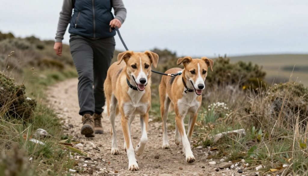 American Foxhound hiking with active owner
