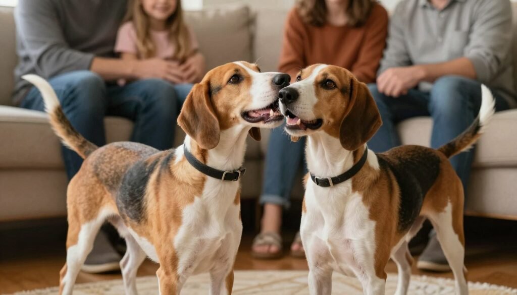 American Foxhound interacting gently with family members