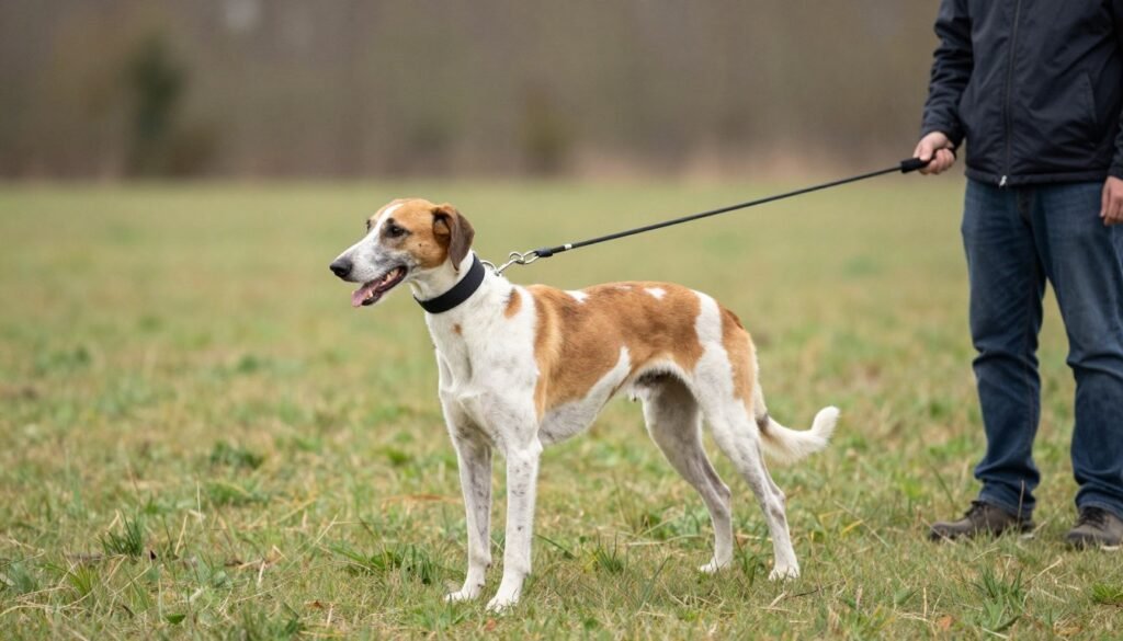 American Foxhound on long training line during recall practice