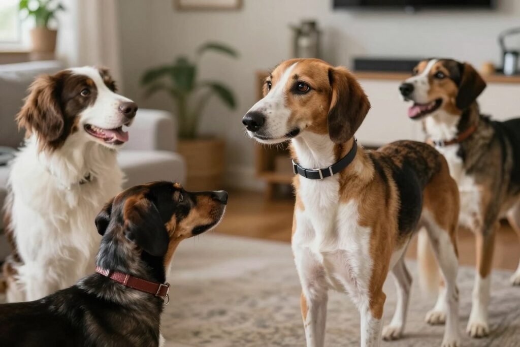 American Foxhound peacefully coexisting with other dogs