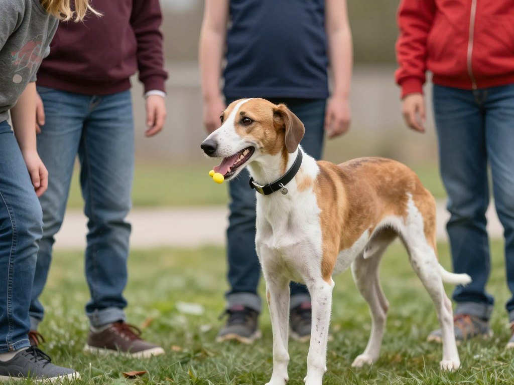 American Foxhound playing gently with children