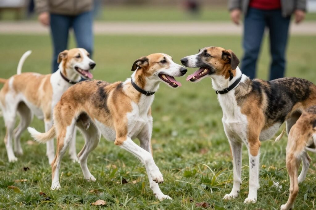American Foxhound playing with other dogs showing social behavior